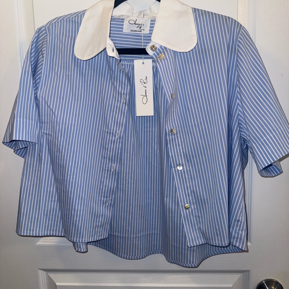 Striped Blouse Top with White Collar hi low, size S - Picture 2 of 6